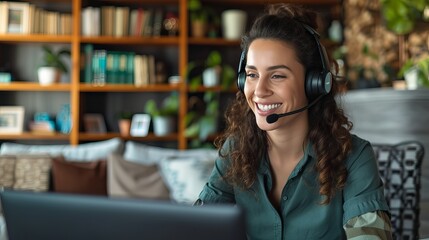 Smiling call center operator wearing a headset working remotely in a cozy living room, providing customer support and demonstrating professional service in a home office environment.