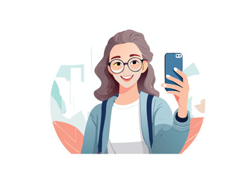 Illustrazione vettoriale di una ragazza che si scatta un selfie con il telefono, esprimendo felicità e stile, ideale per rappresentare il mondo dei social media e la condivisione online.