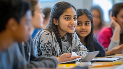A diverse group of students from various ethnic backgrounds seated in a modern classroom equipped with the latest technology, including interactive whiteboards and tablets, all engaged in a