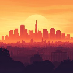 Naklejka premium Stunning silhouette of a city skyline at sunset, vibrant orange sky casting a mesmerizing glow over the urban landscape.