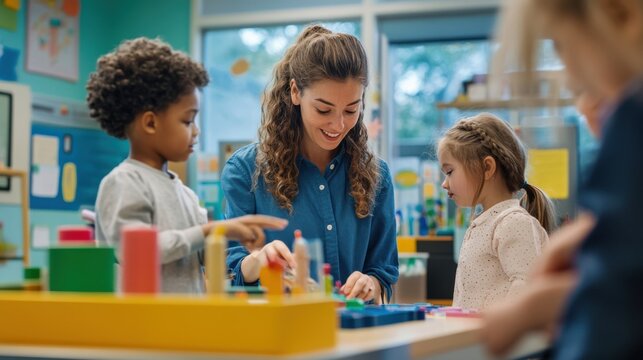 A dynamic scene in an elementary school classroom where a young teacher engages students in a hands-on learning activity, using colorful educational tools and interactive displays, fostering a love