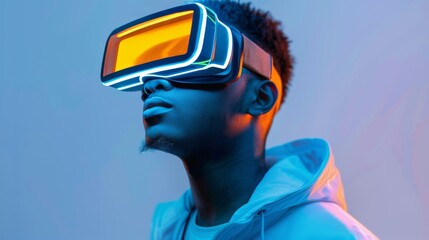 Young man experiencing virtual reality through futuristic VR headset in vibrant blue and orange lighting.