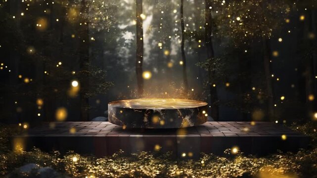 Stone pedestal in the dark forest, black background. Product display design, luxury mockup template.