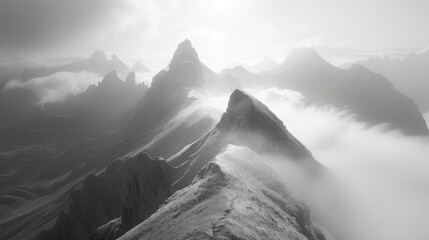 Stone path leading to misty mountain peak in black and white