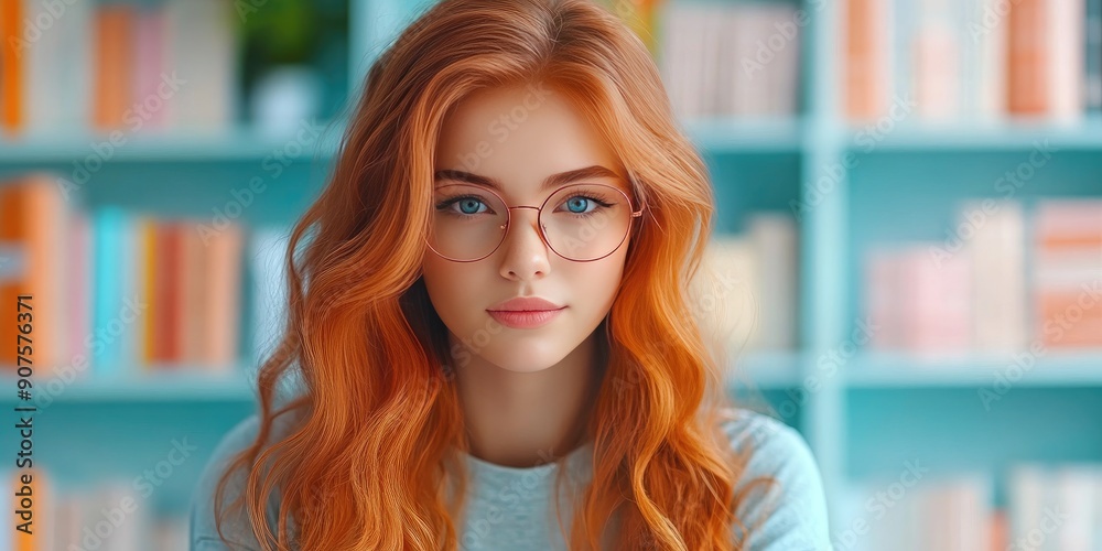 Wall mural Portrait of a Young Woman with Red Hair and Glasses