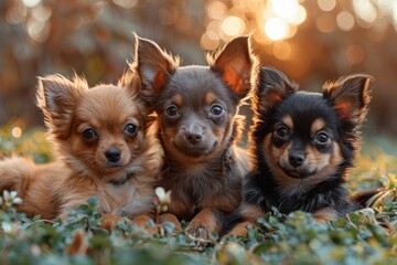 Three chihuahua puppies lying in the grass at sunset