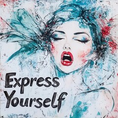 Express Yourself: A bold and expressive portrait of a woman with closed eyes and a passionate expression, painted in vibrant colors with a grunge aesthetic, captures the essence of self-expression and