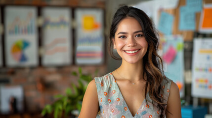 businesswoman,  An enthusiastic Hispanic female demonstrating a marketing strategy in a vibrant blazer on a creative workspace background.