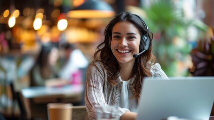 Smiling female customer service representative engaging in a professional call through headset while sitting at a cafeteria table in a modern work environment