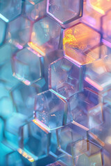 Abstract background,  An iridescent background made of translucent, overlapping hexagons and diamonds draws focus to the central clear space. Perfect for showcasing brand messages,