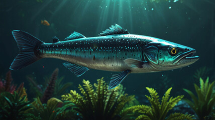 Naklejka premium A close-up view of a predatory fish, likely a barracuda, swimming through a vibrant coral reef. The fish's sharp teeth and streamlined body are highlighted by the sunlight filtering through the water