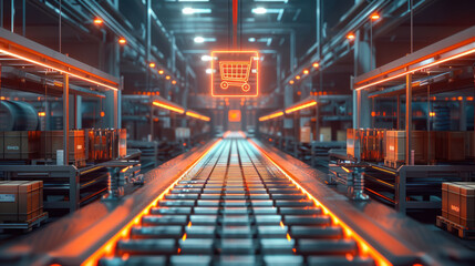 Smart warehouse logistic,  State-of-the-art warehouse featuring a conveyor belt system seamlessly delivering items. Suspended above the belt, a bright holographic shipping icon