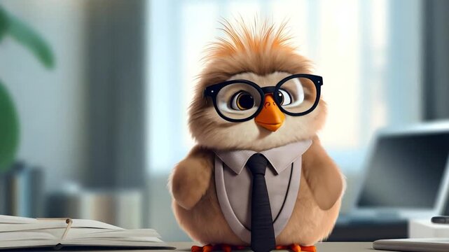 Bird office worker wearing a tie talking slowly, humorous concept of business and professionalism.