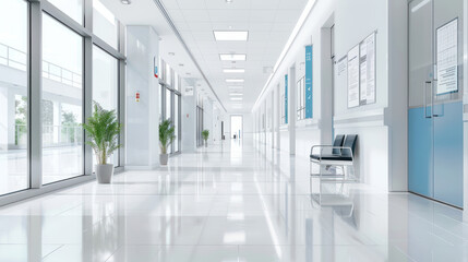 Medical Background,  A deserted hospital corridor stretching into the distance, featuring large glass windows allowing soft natural light to illuminate the space. White walls are