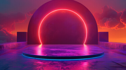 Technology Background,  A glowing futuristic podium appears centered against a vivid neon backdrop, highlighting its smooth curves and innovative materials. The atmosphere is