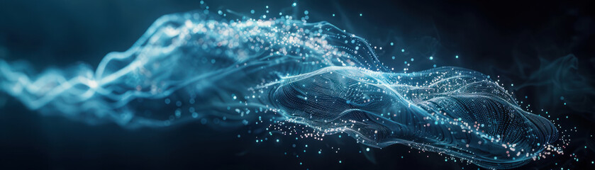 Technology background,  A translucent iridescent swirling shape floats against a dark, textured background. Holographic tech elements hover around it, displaying animated data