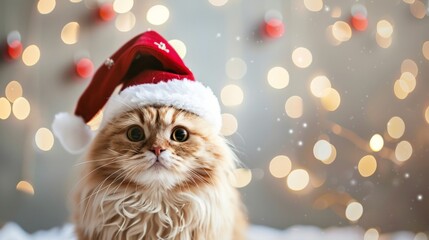 Adorable Persian Cat Wearing Christmas Santa Hat with Festive Bokeh Lights in the Background for Holiday Celebrations