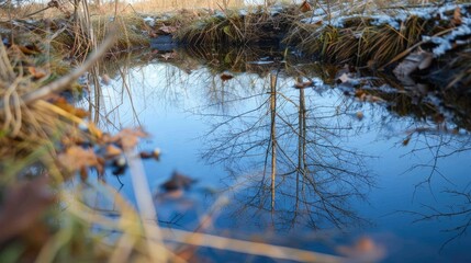 Fototapeta premium Reflection of nature in an old pond on a sunny winter day