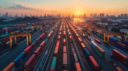 Obraz premium Spectacular Sunrise Over a Bustling Cargo Terminal with Rows of Shipping Containers