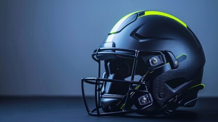Fototapeta premium A black and yellow football helmet sits on a black surface