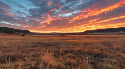 Obraz premium Breathtaking Sunset Over a Vast Golden Meadow with Vibrant, Fiery Sky