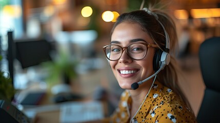 Smiling female call-center agent wearing a headset and providing professional customer support in a modern office environment, emphasizing effective communication and client assistance