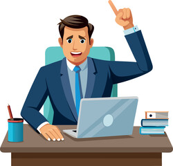 Businessman having an idea pointing at his head working on a laptop in his office