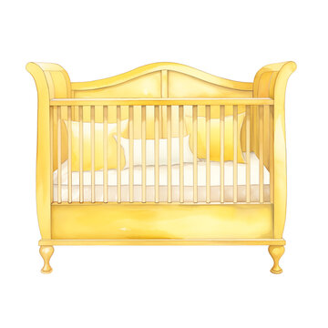recommend clip art: Illustration of a cozy yellow baby crib with soft cushions, perfect for nursery decor and baby furniture design inspirations.