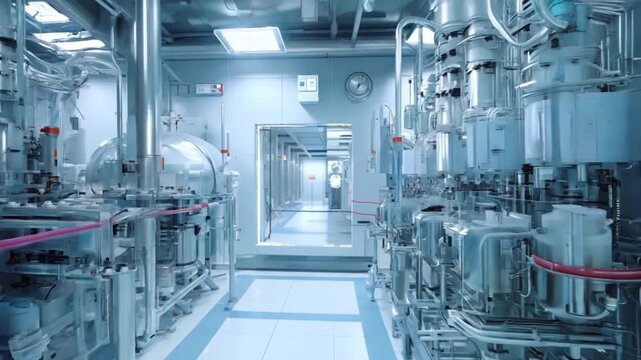 Medical drug production line at modern pharmaceutical factory Drug manufacturing process