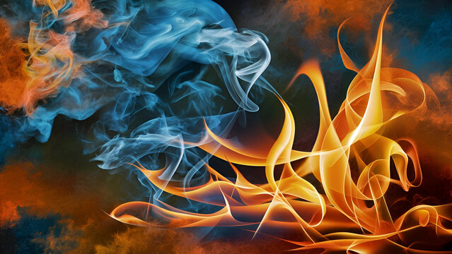 Experience a tasteful abstract ambiance where luminous, meandering shapes of colorful flames and ethereal smoke dance seamlessly, Generated ai