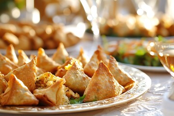 A festive spread of Deepavali snacks including samosas and pakoras served on a beautifully decorated table with copyspace.