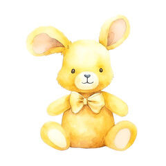 Obraz premium Adorable watercolor illustration of a yellow bunny plush toy with a bow tie, perfect for children's decor or greeting cards.