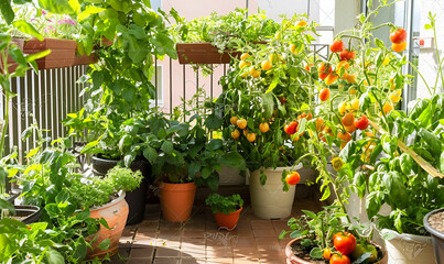 Tomato Plants Growing on Sunny Balcony. Lush Balcony Garden: Tomatoes, Peppers, Herbs in Pots. Vibrant Balcony Garden with Ripe Tomato Plants