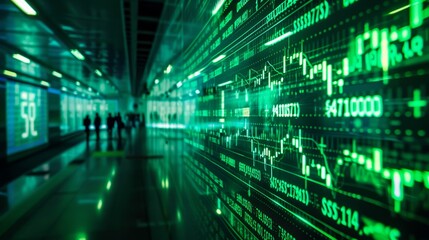 Obraz premium Futuristic green-lit display of S&P 500 stock market index on a large screen 