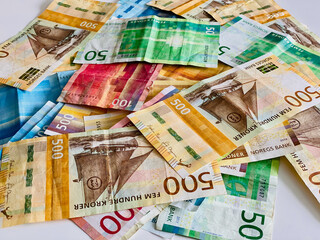 Norwegian money (kroner) showing  50,100,200 and 500 banknotes