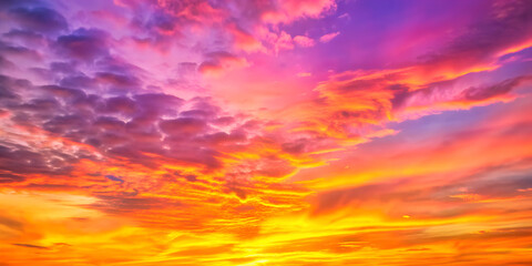 Obraz premium Orange, pink, purple and yellow fiery sunset - Fantasy vibrant panoramic sunset sky - Gradient rich colors - ethereal dreamy summer sunset or sunrise sky. Uplifting and peaceful sky