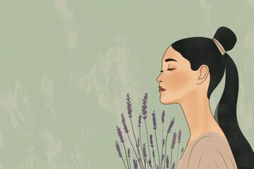 Chinese minimalism illustration, profile portrait of an Asian woman with straight black hair in a high ponytail with a boho headband, wearing a flowy tunic, flat illustration 