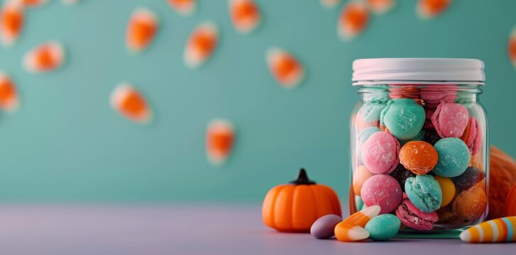Colorful Halloween Candy in Jar With Mini Pumpkins and Festive Background