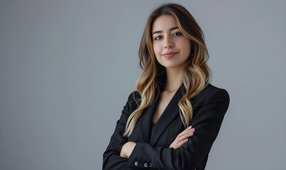 Happy youthful confident professional business woman, pretty trendy female executive looking at camera, standing arms crossed on gray background