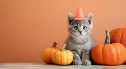 Adorable Kitten in Witch Hat Surrounded by Pumpkins for Halloween Celebration