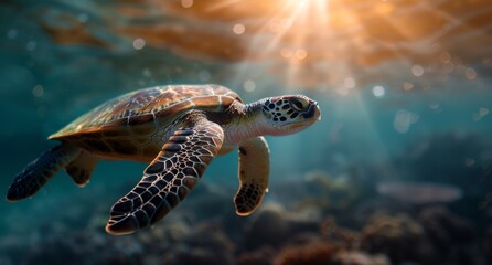 Obraz premium Sea Turtle Swimming Gracefully Above Coral Reef In Clear Tropical Waters