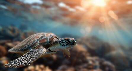 Obraz premium Sea Turtle Swimming Above Coral Reef at Sunset