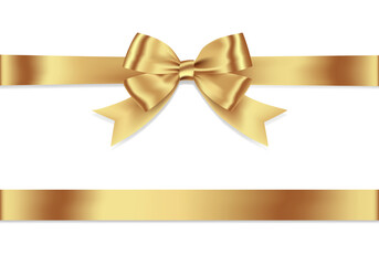 Fototapeta premium Gold Ribbon Bow Realistic shiny satin with shadow horizontal ribbon for decorate your wedding invitation card ,greeting card or gift boxes vector EPS10 isolated on white background.