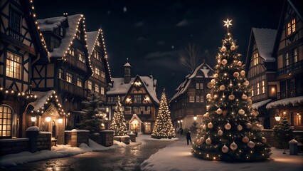 Fototapeta premium Christmas town glowing at night, showcasing festive lights and holiday spirit.