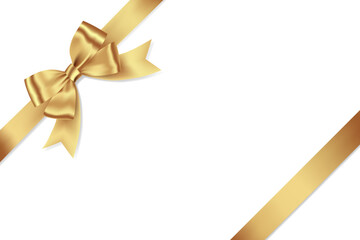 Gold Ribbon Bow Realistic shiny satin with shadow place on corner of paper for decorate your wedding invitation card ,greeting card or gift boxes vector EPS10 isolated on white background.