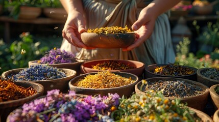 A detailed shot of a person preparing an herbal tea infusion, with various dried herbs like chamomile, peppermint, and lavender, high detail