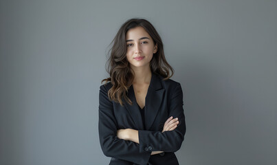 young businesswoman with arms crossed poses while standing on a grey background. Young smilling business woman posing on soft color background.
