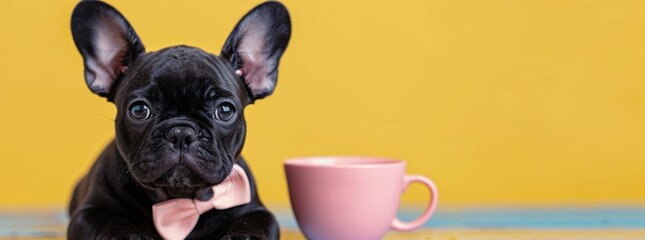 French Bulldog Puppy With Pink Bow Tie Against Colorful Background