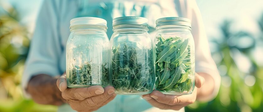 A close-up of a man holding a jar of dried medicinal herbs, with focus on natural remedies and traditional healing, high detail