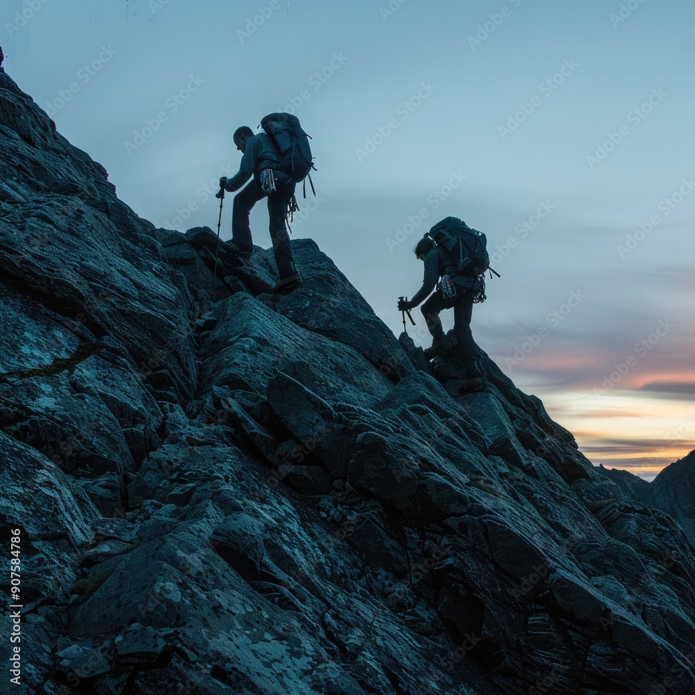 Poster silhouettes of two hikers supporting each other while climbing a rocky mountain as the sky transitio